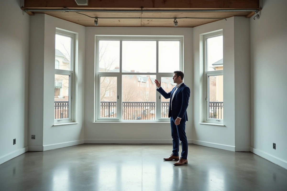 Agent immobilier présentant un grand appartement lumineux avec vue sur le quartier résidentiel lors d'une location