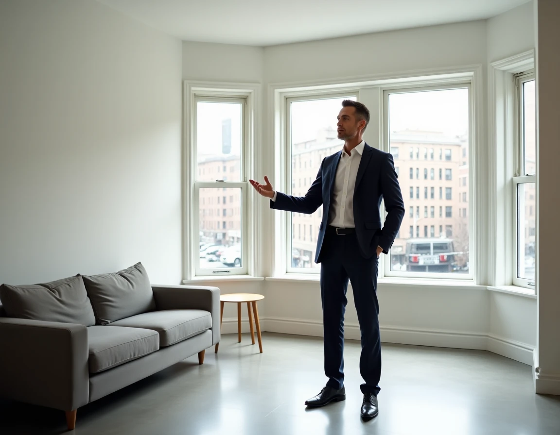 Agent immobilier présentant un appartement vide lors d'une visite professionnelle