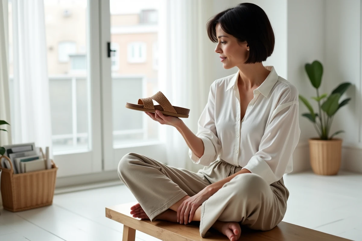 Femme examinant une sandale plate confortable à semelle en liège dans un appartement scandinave minimaliste