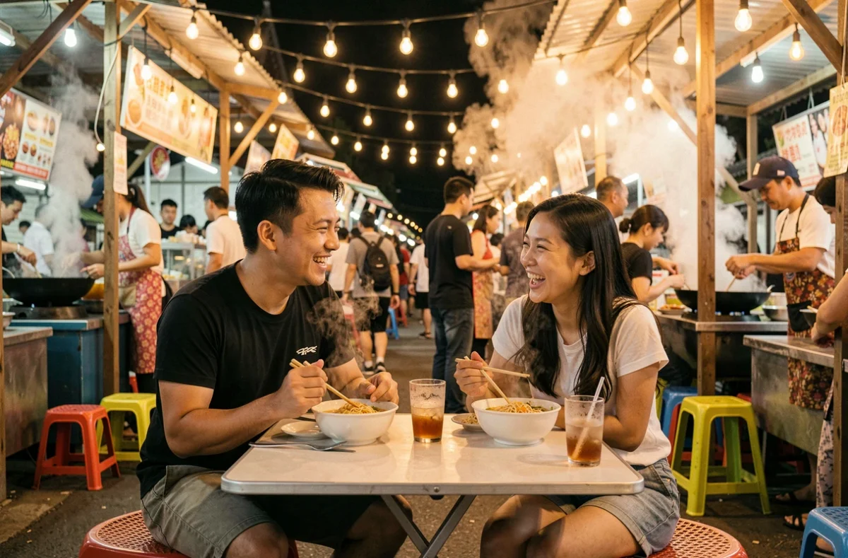 Deux amis voyageurs partageant un repas de street food dans un marché nocturne animé de Chiang Mai en Thaïlande