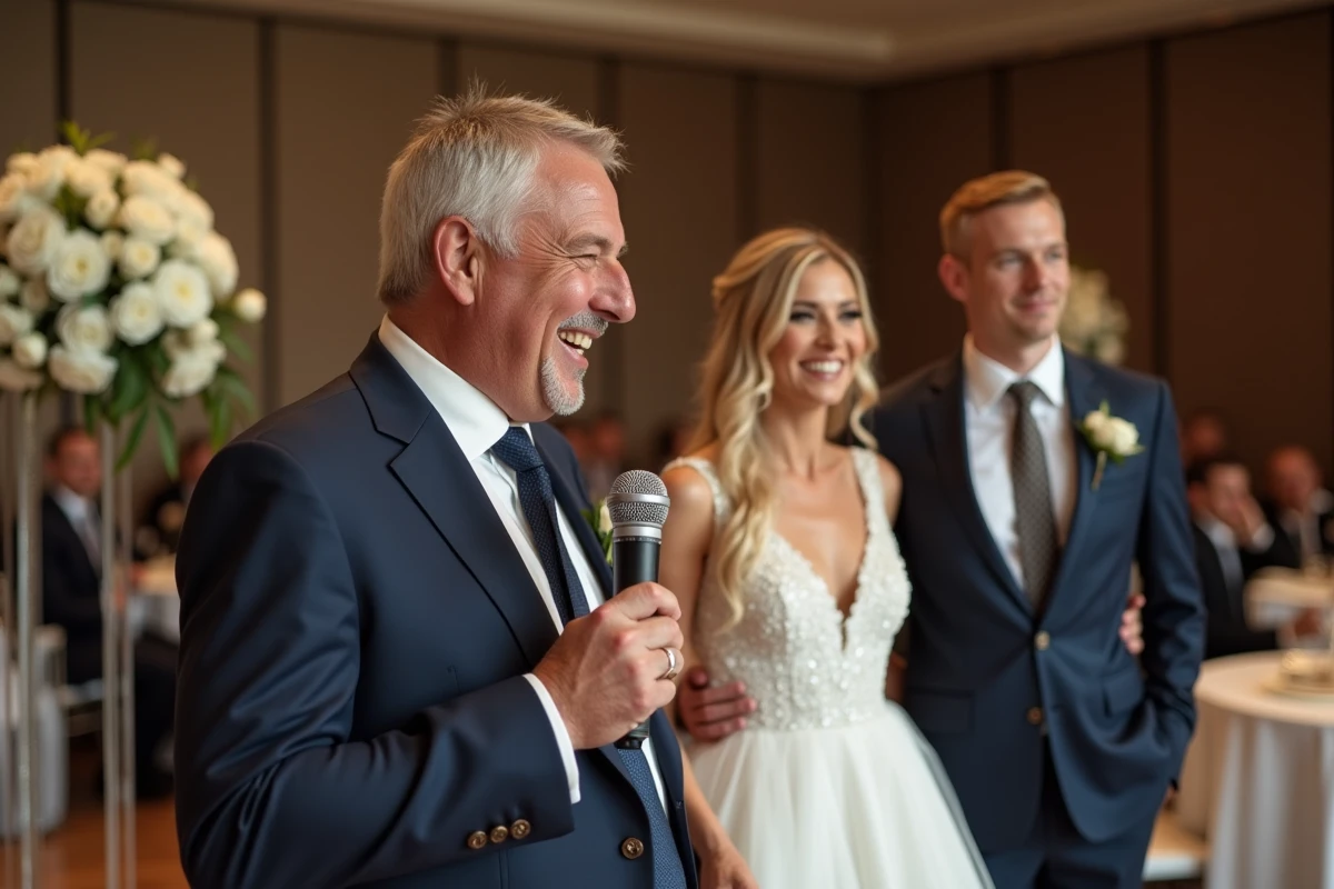 Animateur de mariage tenant un microphone et lisant une carte du jeu des 12 mois aux côtés des mariés souriants dans une salle de réception élégante