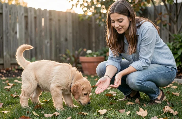 Jeune femme encourageant son chiot golden retriever de 2 mois à faire ses besoins dans le jardin