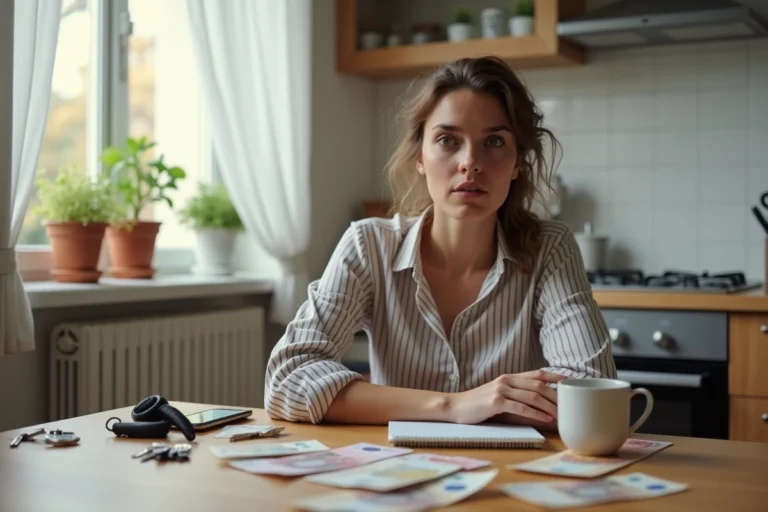 Femme assise à une table de cuisine avec des billets en euros, un carnet et un smartphone, cherchant des astuces pour arrondir ses fins de mois