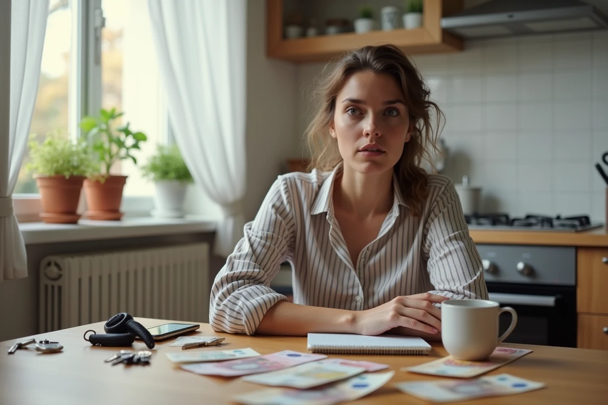 Femme assise à une table de cuisine avec des billets en euros, un carnet et un smartphone, cherchant des astuces pour arrondir ses fins de mois