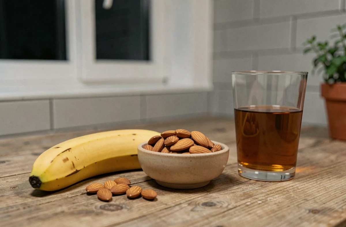 Banane mûre sur un comptoir de cuisine le soir, collation naturelle contre les crampes et la fatigue nocturne