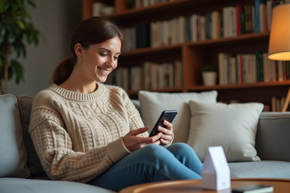 Femme utilisant une application de cashback sur son smartphone avec un reçu et une carte de fidélité posés sur la table basse
