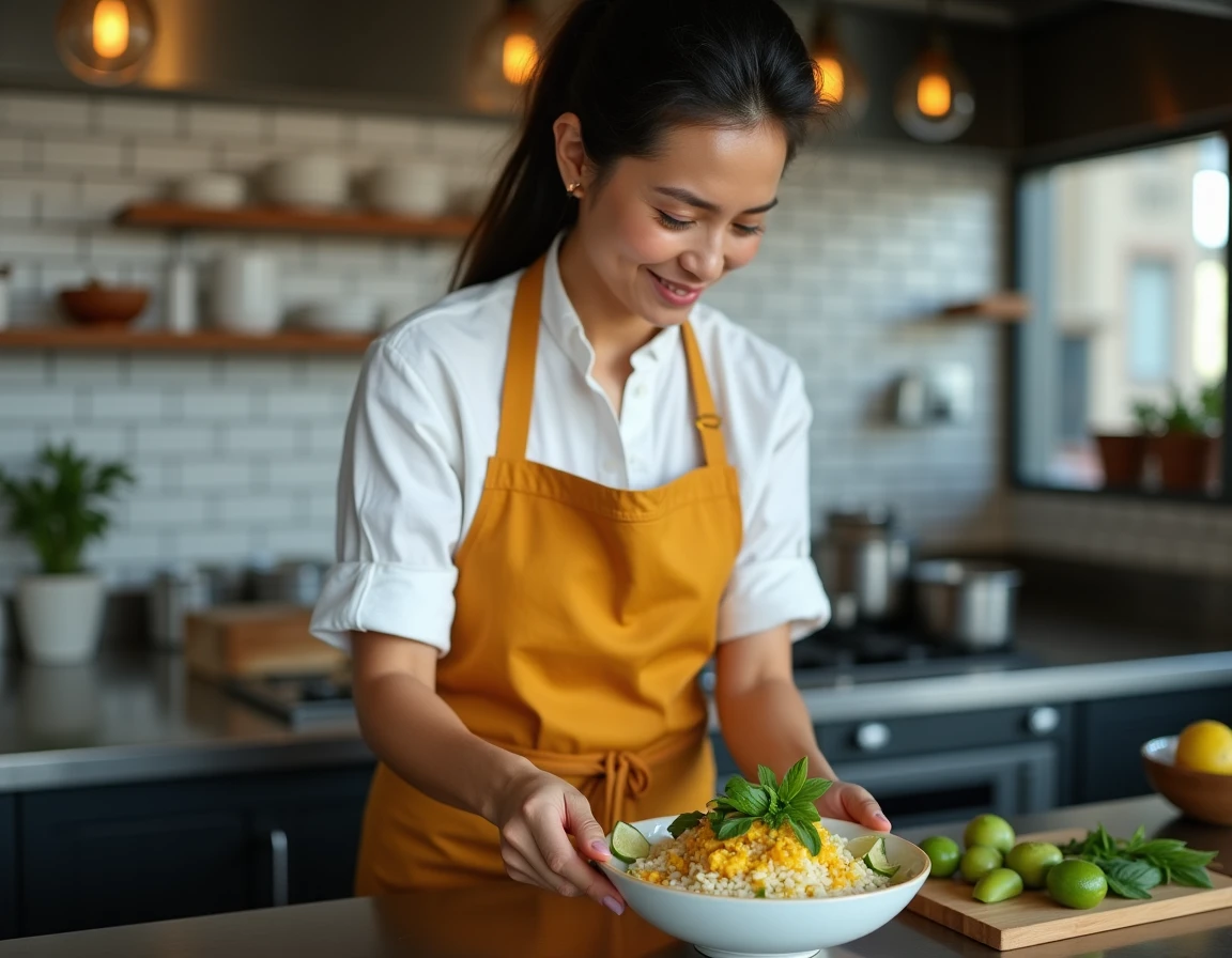 Cheffe cuisinière sud-asiatique dressant un curry thaï vert au riz jasmin dans une cuisine de restaurant contemporaine