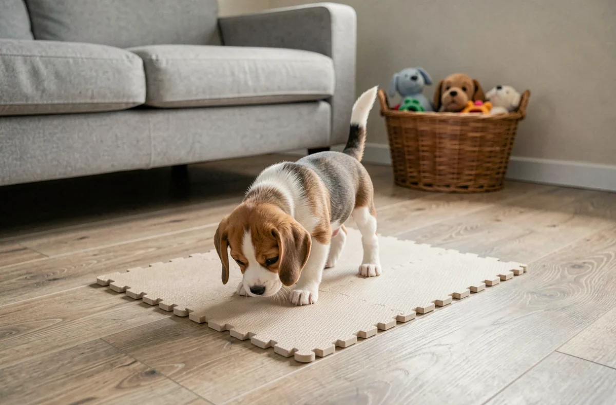 Chiot beagle de 2 mois utilisant un tapis éducateur sur le sol d'un appartement moderne