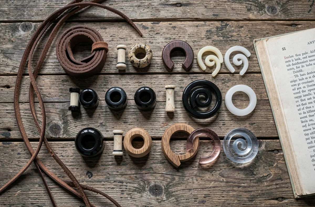 Collection d'écarteurs tribaux et modernes disposés en flat lay sur bois brut, évolution culturelle des bijoux d'oreille