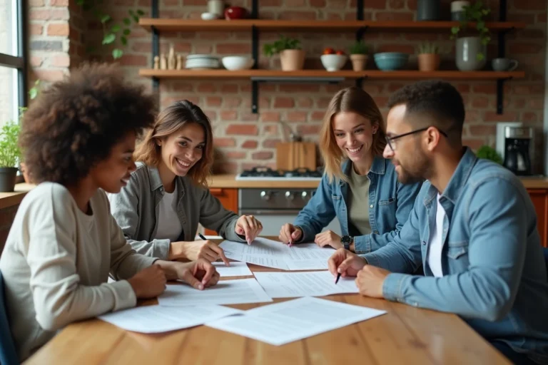 Trois colocataires en coliving discutant des clauses d'un contrat de bail autour d'une table en bois dans une cuisine partagée moderne