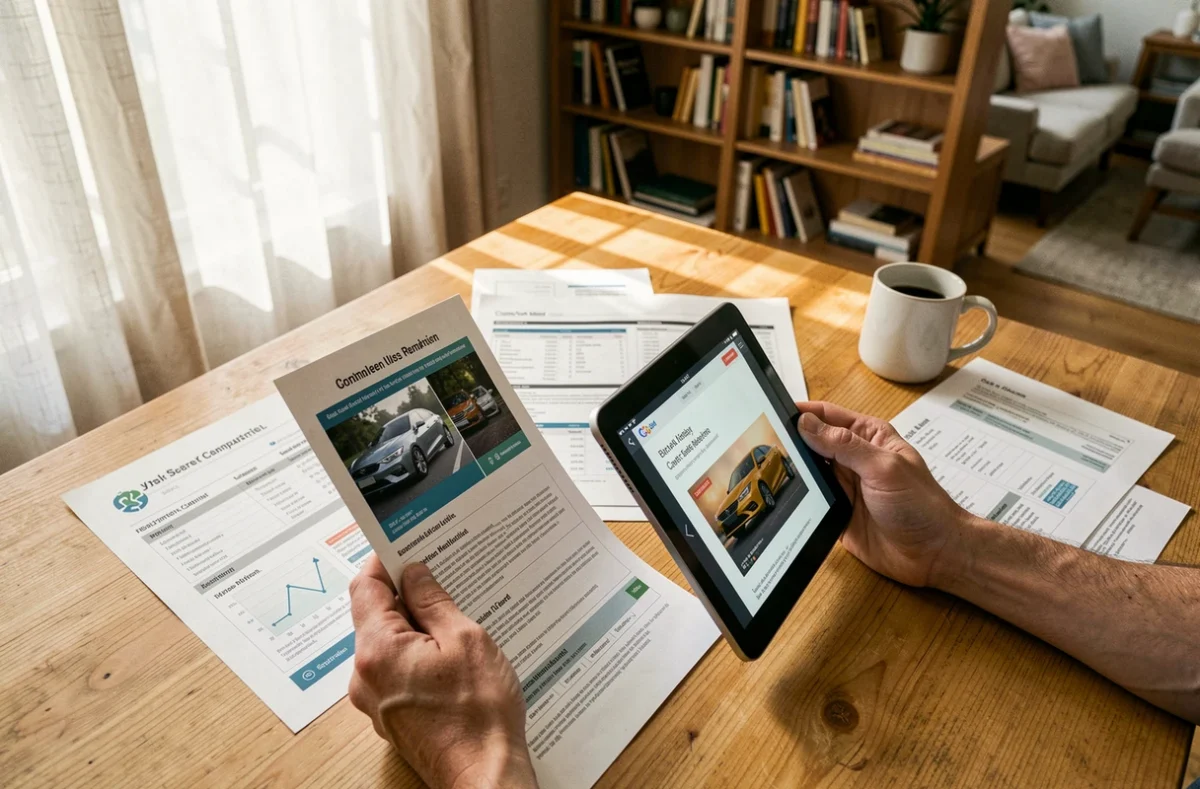 Acheteur comparant des fiches techniques automobiles et avis en ligne pour choisir son véhicule