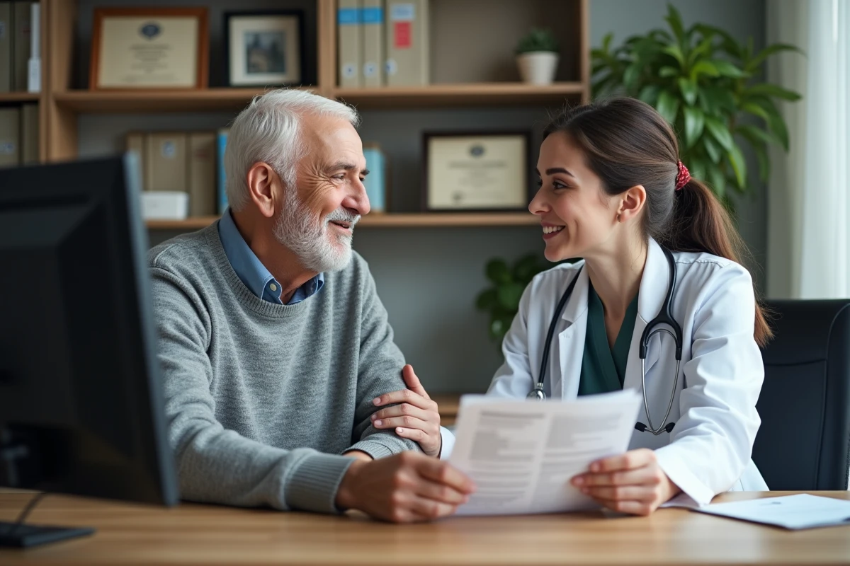 Médecin généraliste en consultation avec un patient âgé, échangeant autour d'un dossier médical numérique, enjeux de communication en santé