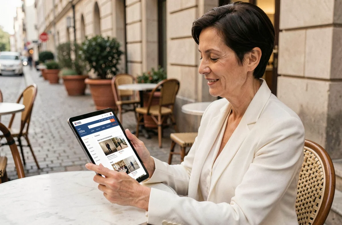 Femme consultant la structure d'un site web organisé sur une tablette en terrasse de café en ville
