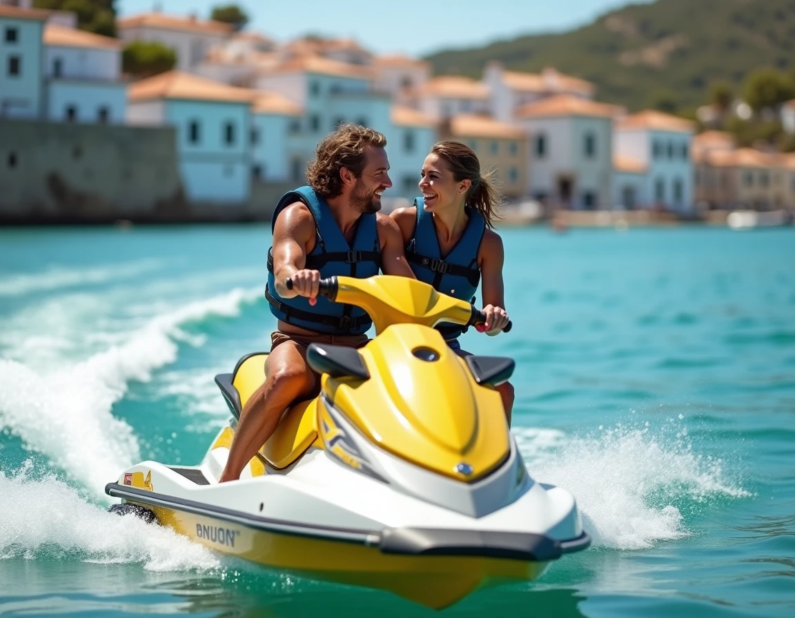 Couple sur un jet ski dans une baie turquoise méditerranéenne souriant et profitant des sensations fortes en mer