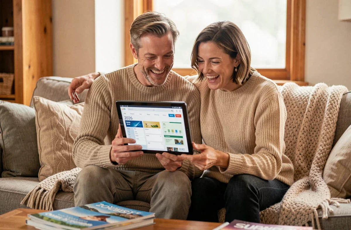 Couple planifiant leurs vacances 2026 sur une tablette numérique en consultant les jours fériés depuis leur salon