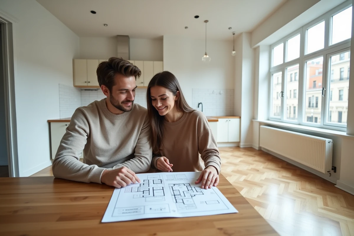 Jeune couple examinant des plans d'appartement lors d'une visite de bien immobilier à louer