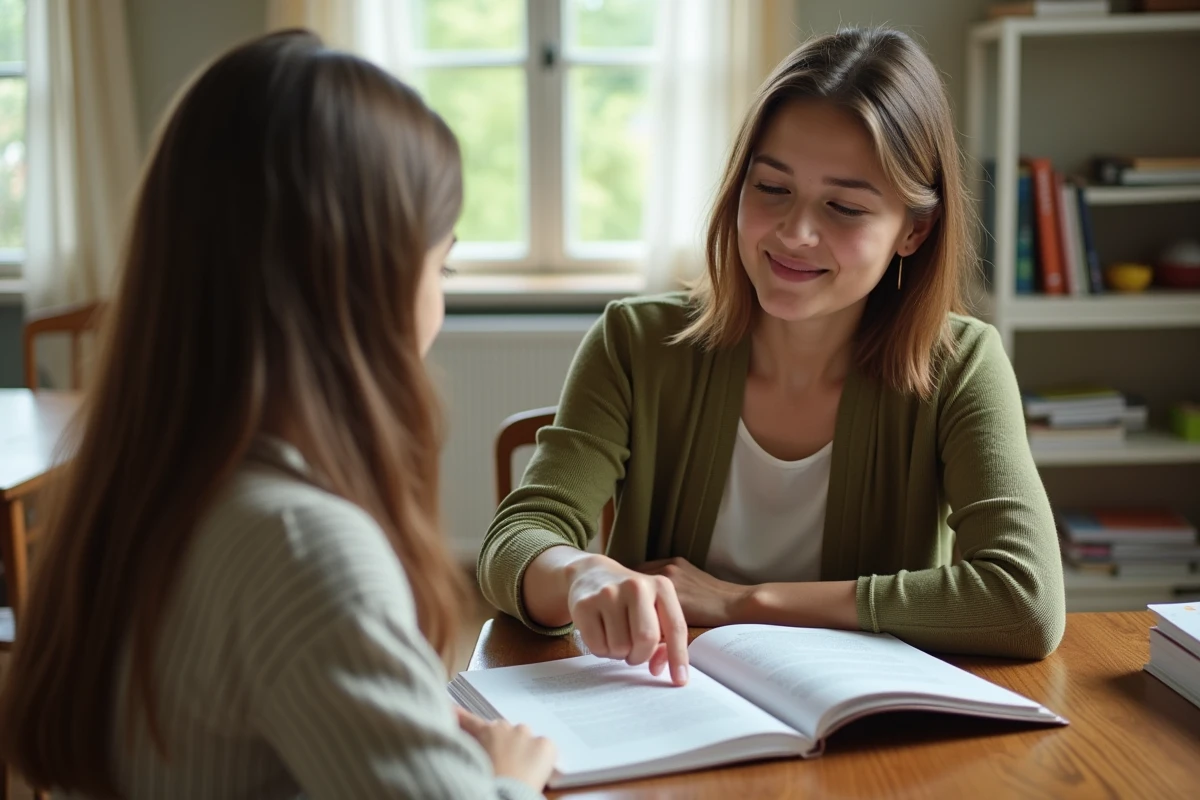 Jeune femme donnant un cours particulier de soutien scolaire à un adolescent autour d'un manuel ouvert sur une table