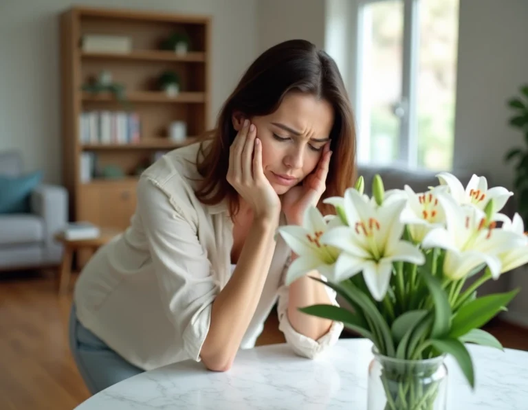 Femme ressentant une gêne olfactive au contact d'un bouquet de lys blancs dans un salon moderne