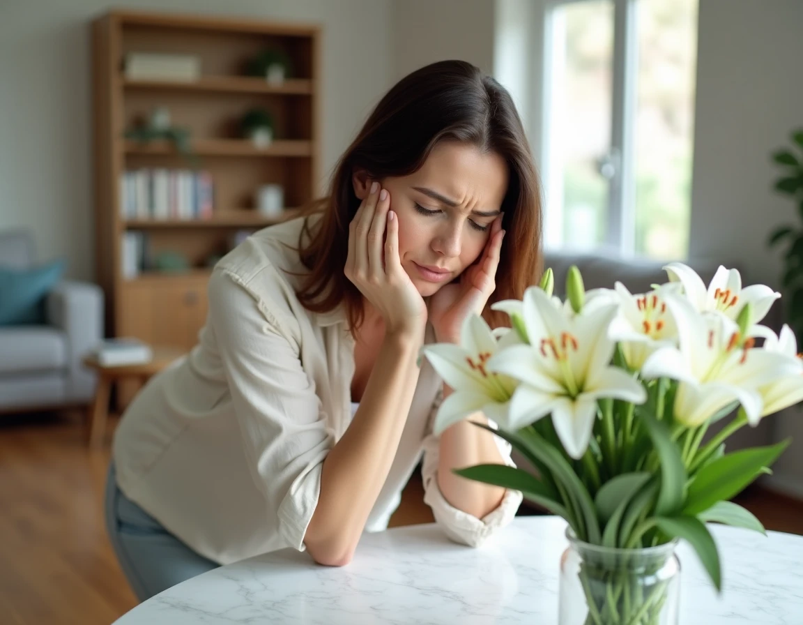 Femme ressentant une gêne olfactive au contact d'un bouquet de lys blancs dans un salon moderne