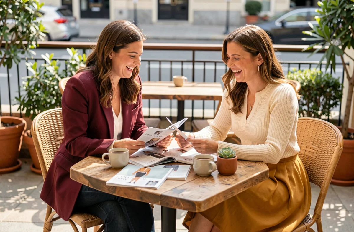 Deux femmes stylées discutant de tendances mode autour d'un café en terrasse, illustration de la rubrique mode et conseils style SAV 35