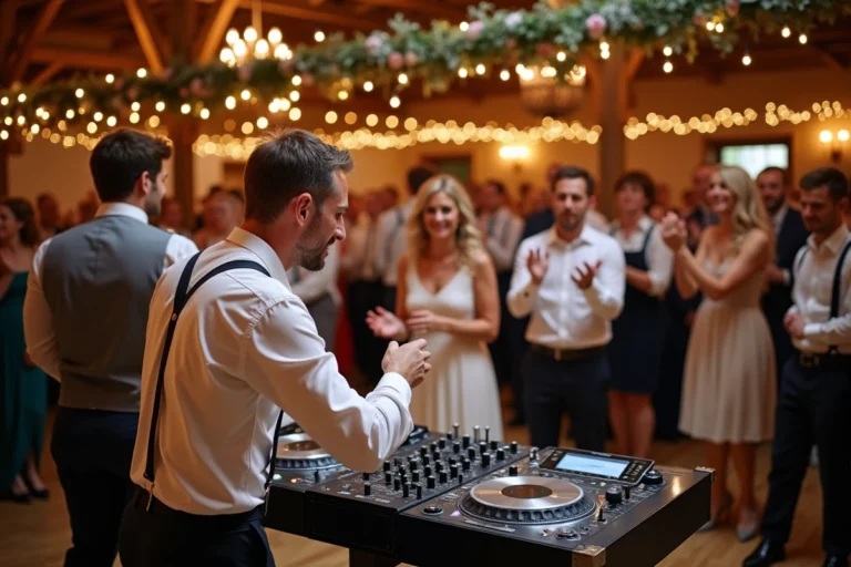 DJ animant le jeu des 12 mois lors d'une réception de mariage dans une grange décorée avec des guirlandes lumineuses et des invités qui dansent