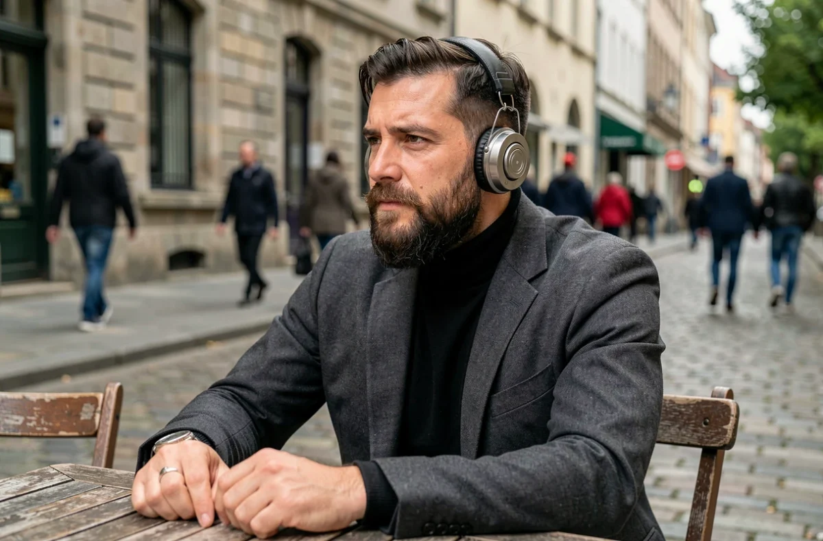 Homme barbu avec des écarteurs en acier portant un blazer dans un café de rue européen