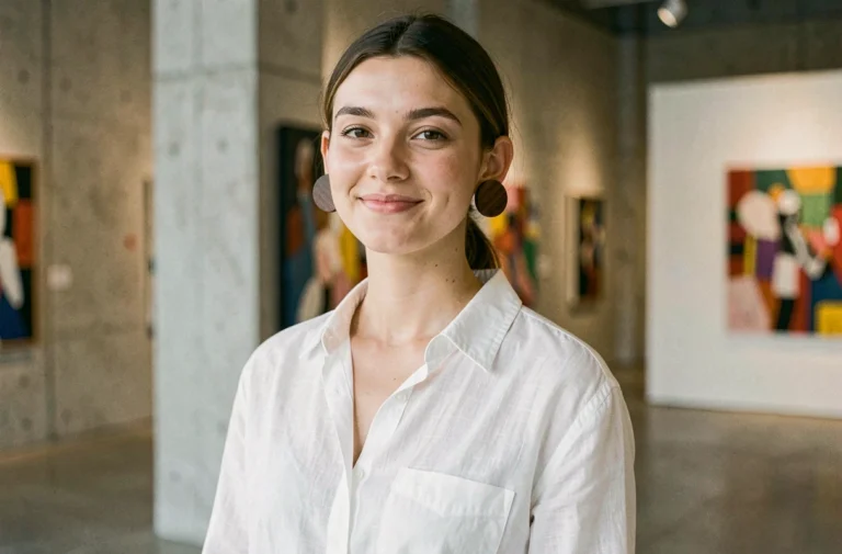 Jeune femme portant des écarteurs en bois dans une galerie d'art contemporaine, style mode urbaine