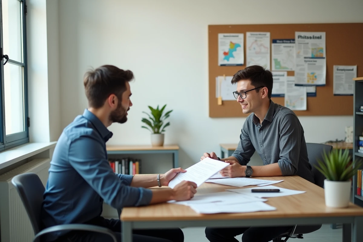 Jeune homme en entretien avec un conseiller d'orientation dans un bureau moderne avec brochures de formation professionnelle