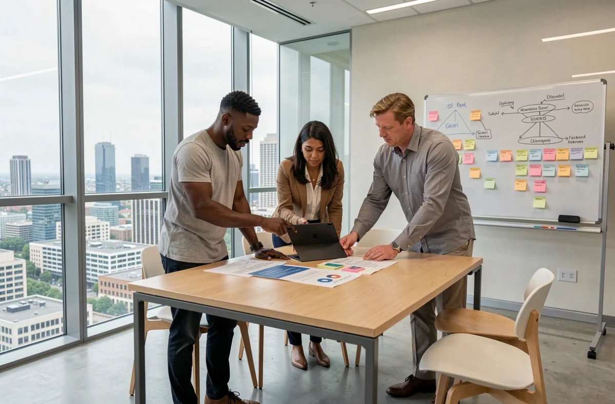 Équipe multiculturelle de professionnels du marketing collaborant autour d'une stratégie digitale dans une salle de réunion moderne