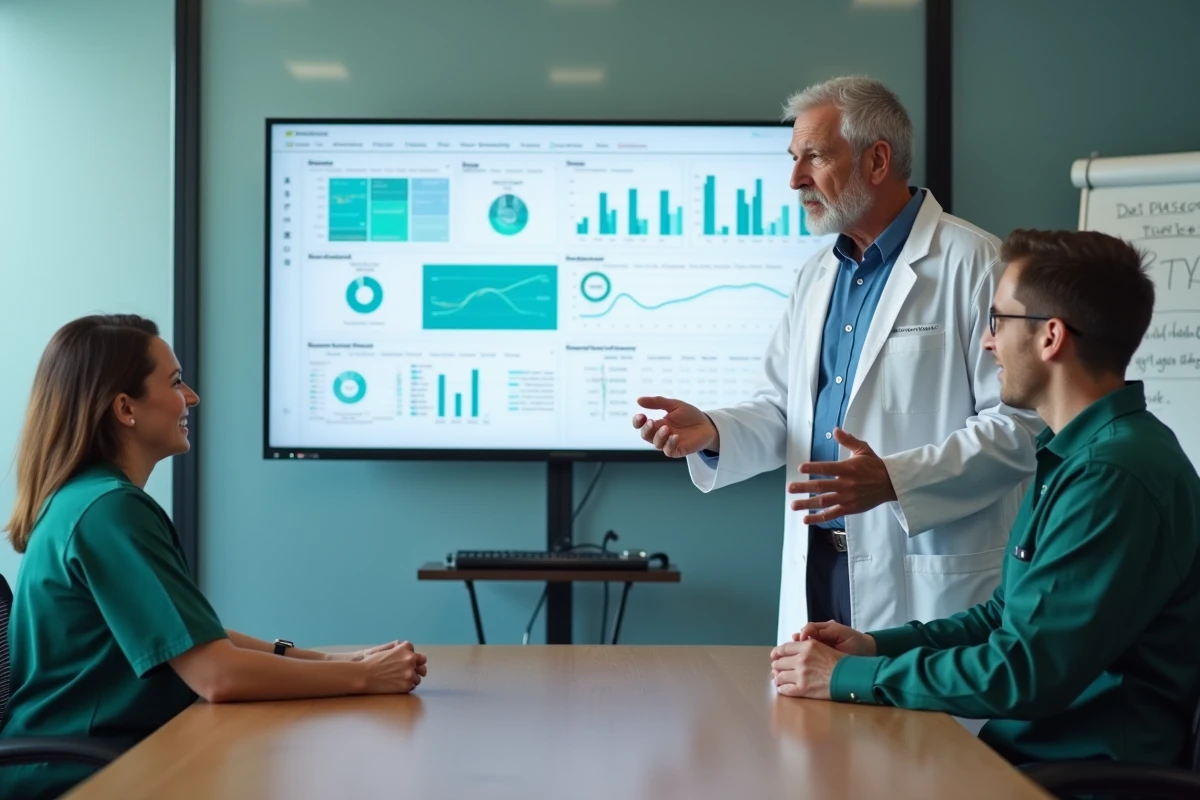 Équipe médicale pluridisciplinaire analysant un tableau de bord de communication santé numérique en salle de réunion hospitalière