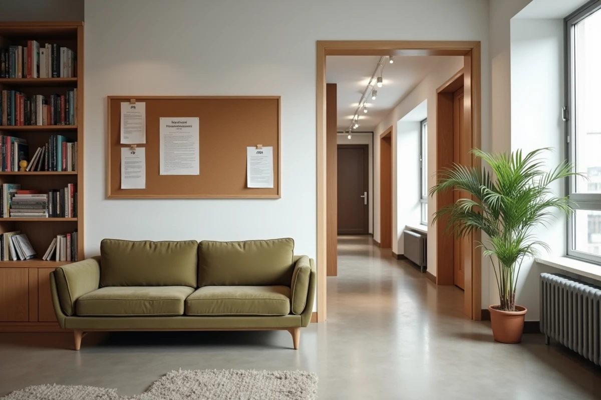 Espace commun et couloir de chambres privées dans un appartement de coliving illustrant la séparation des espaces définie par le bail