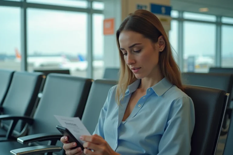 Femme à l'aéroport consultant son téléphone avec une carte d'embarquement Ryanair à la main, inquiète pour le changement de nom sur son billet