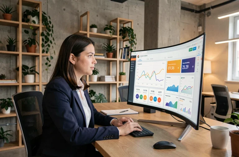 Femme professionnelle analysant des tableaux de bord de marketing digital sur un grand écran dans un bureau moderne