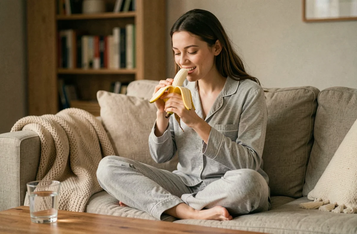 Femme en pyjama mangeant une banane le soir sur un canapé pour réduire le stress et favoriser la détente