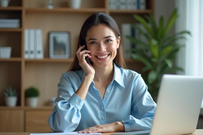 Femme souriante au bureau tenant un smartphone