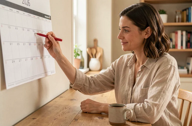 Femme consultant un calendrier 2026 pour planifier ses congés et jours fériés depuis sa cuisine