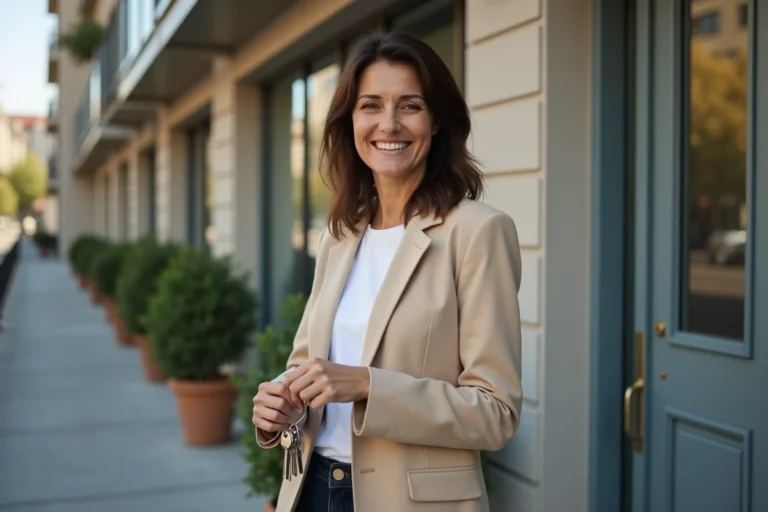 Femme souriante tenant des clés devant l'entrée d'un immeuble résidentiel moderne lors d'une location immobilière