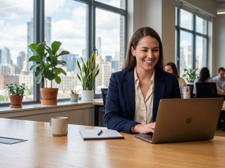 Femme confiante en tenue professionnelle dans un bureau lumineux