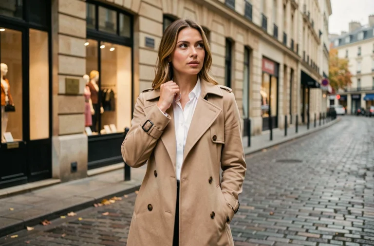 Femme élégante en trench-coat beige sur une rue pavée parisienne, illustrant les tendances mode automne pour la rubrique style SAV 35