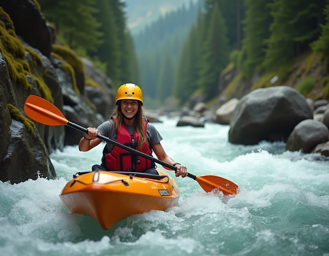 Femme en kayak sur des rapides de montagne avec casque et gilet de sauvetage rouge lors d'une descente en eaux vives