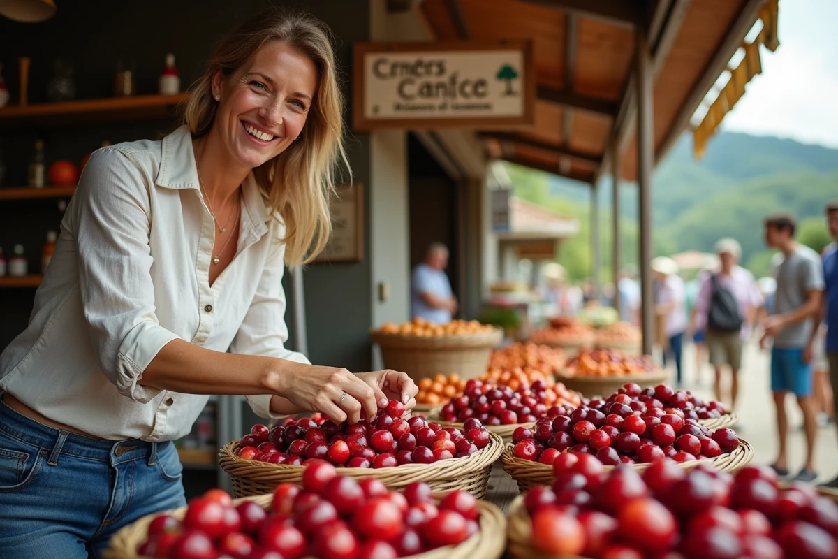 Femme souriante arrangeant des cerises au marché de Conceze