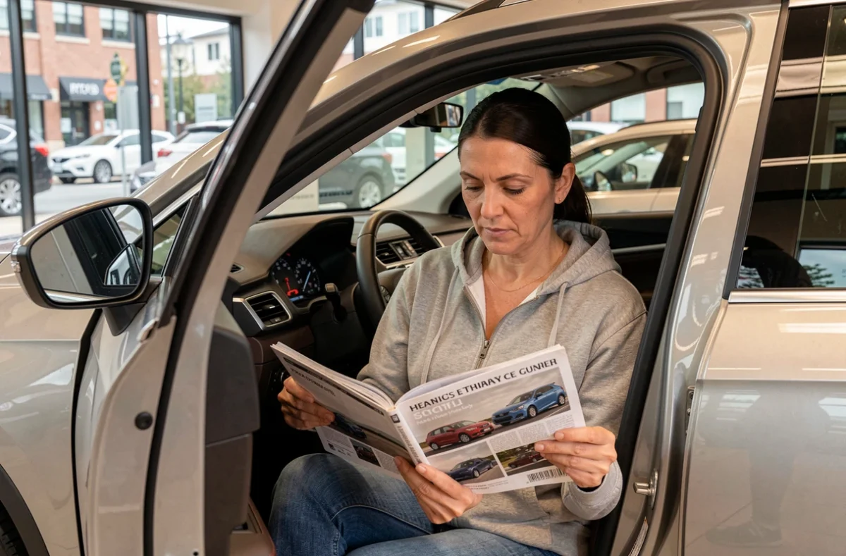 Femme passionnée d'automobile lisant un magazine auto dans le siège conducteur d'un SUV en concession