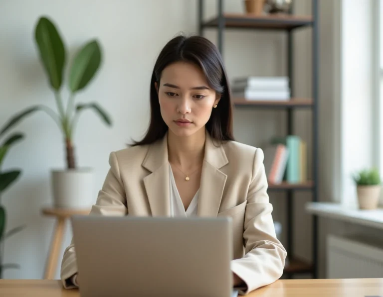 Femme consultant des annonces immobilières sur un ordinateur portable dans un bureau moderne