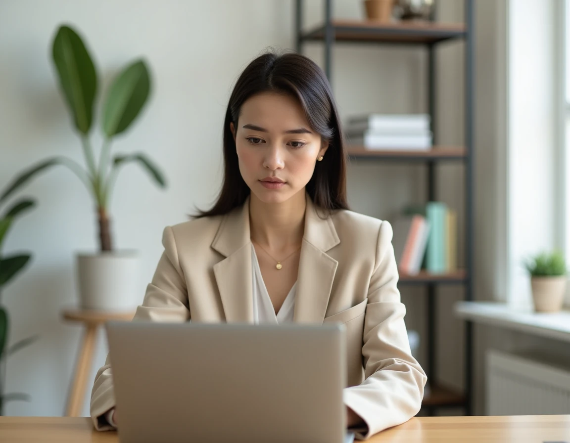 Femme consultant des annonces immobilières sur un ordinateur portable dans un bureau moderne
