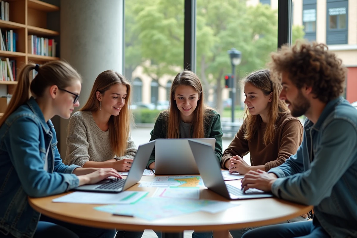 Groupe de lycéens collaborant autour de guides d'orientation et d'une carte de l'Occitanie dans un espace de travail moderne