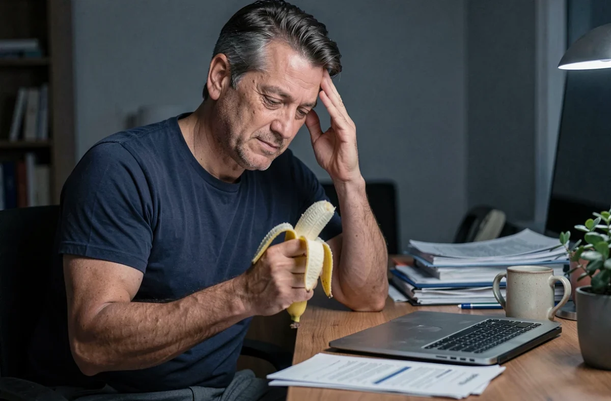 Homme stressé mangeant une banane tard le soir à son bureau pour soulager fatigue et tensions musculaires
