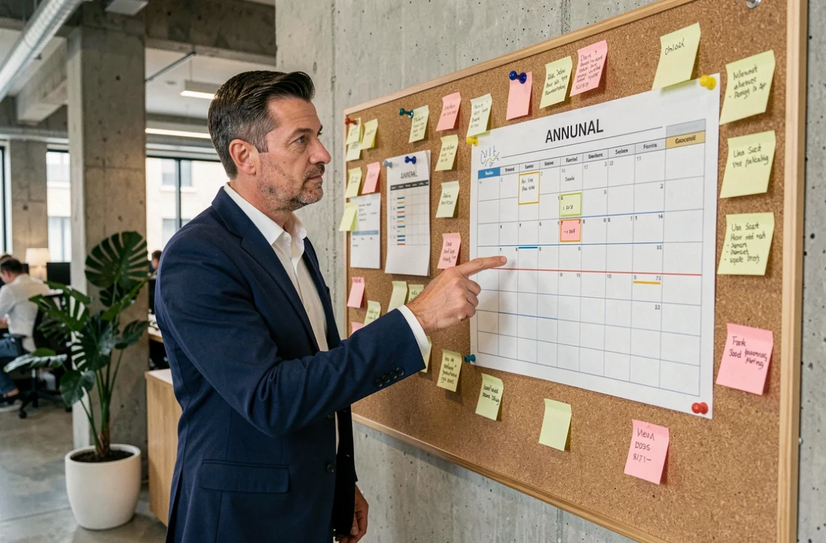 Homme en entreprise planifiant les vacances 2026 sur un tableau de planification annuelle avec jours fériés