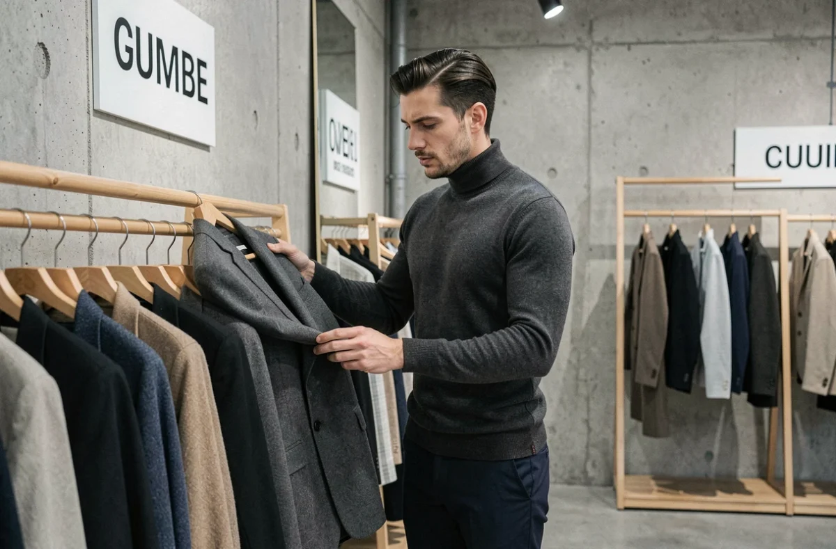 Homme en pull col roulé anthracite explorant un portant de vêtements dans un concept store minimaliste, conseils mode homme SAV 35