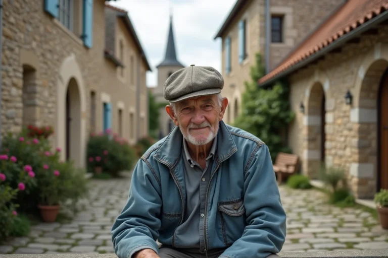 Homme âgé en tenue rustique devant l'église de Conceze