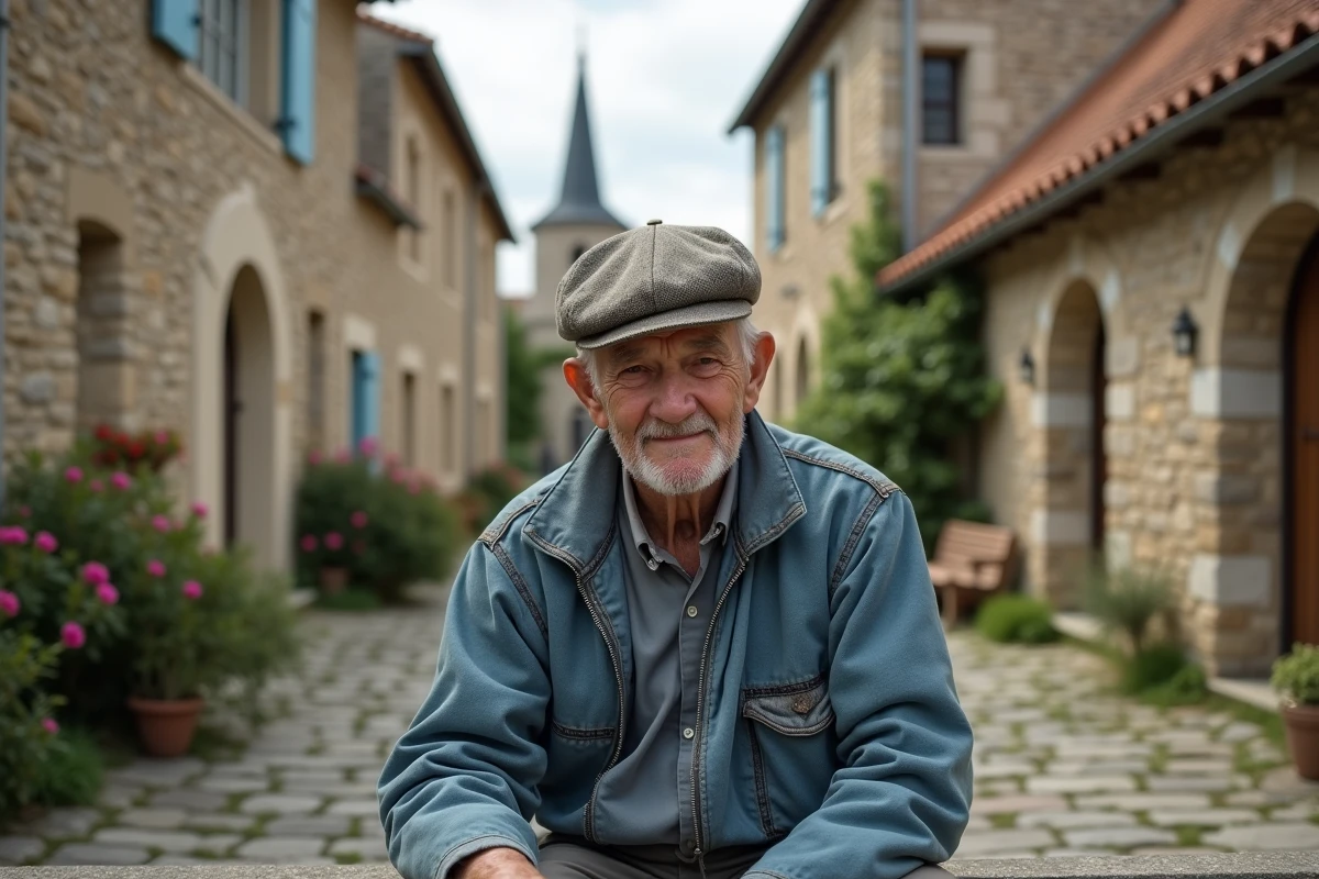 Homme âgé en tenue rustique devant l'église de Conceze